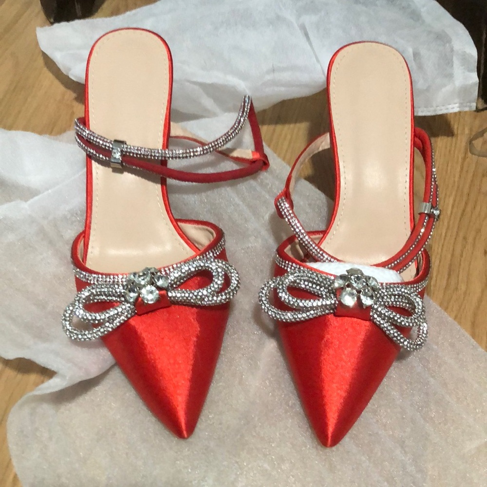 Red Satin Kitten Heel Mules with Crystal Bow